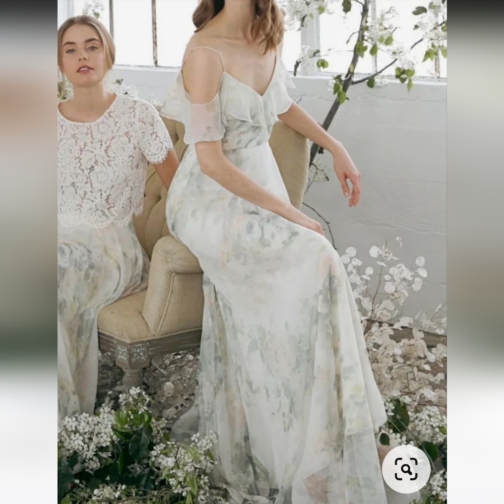 Jenny Yoo Bridesmaid Floral Chiffon Gown Spring Summer Wedding Ivory Sage Size12